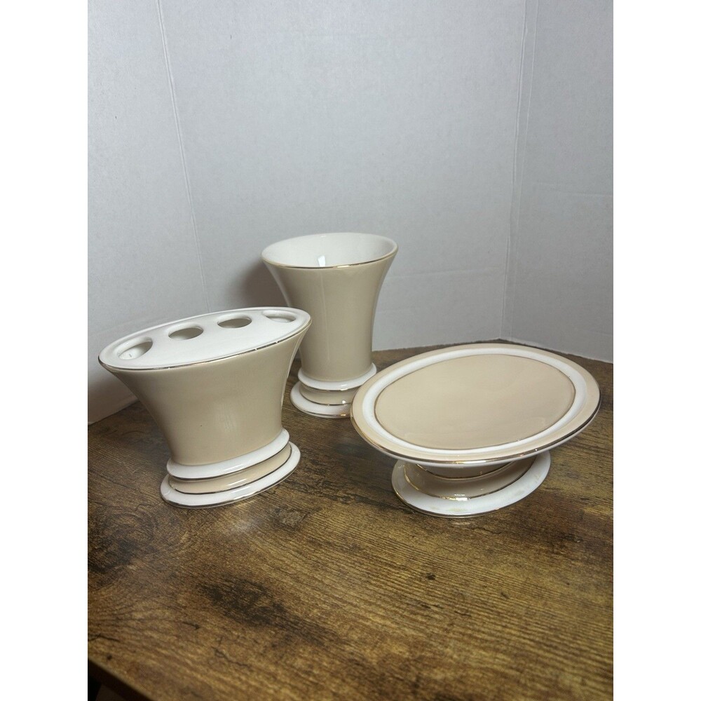 Beige White Gold Trim Ceramic Bath Set Toothbrush Holder Cup Soap Holder Decor - Picture 2 of 16